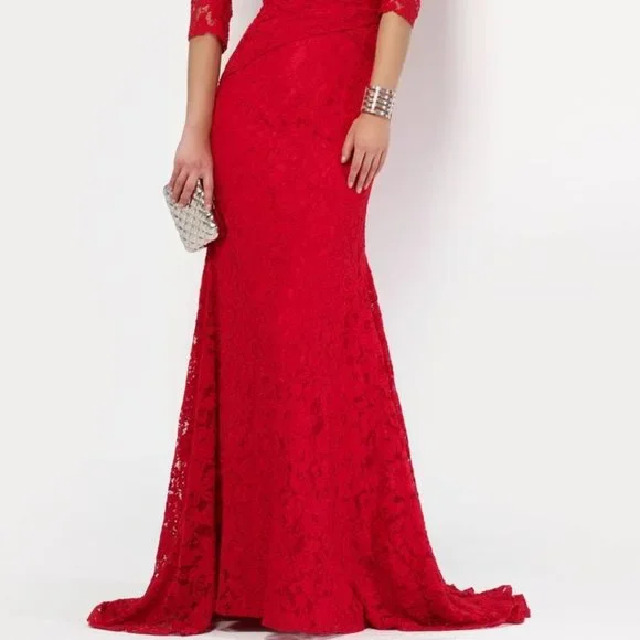 NEW Red Long Lace Dress, 3/4 Sleeve Holiday Formal Sexy, Cruise Prom Mother's - Picture 2 of 10